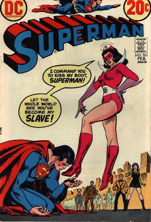 Superman kneeling and 
kissing the thigh-high boots of Star Sapphire.