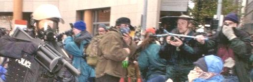 Me recording at the
World Trade Organization protest on November 30, 1999. Yes, that grey
plastic thingy is my microphone boom.
